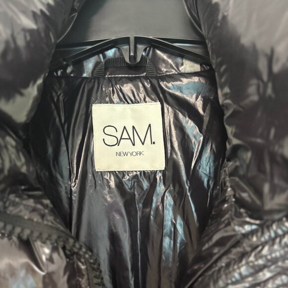SAM. New York Glossy Down Puffer Jacket L Black/Charcoal | $395 Retail - Picture 7 of 10